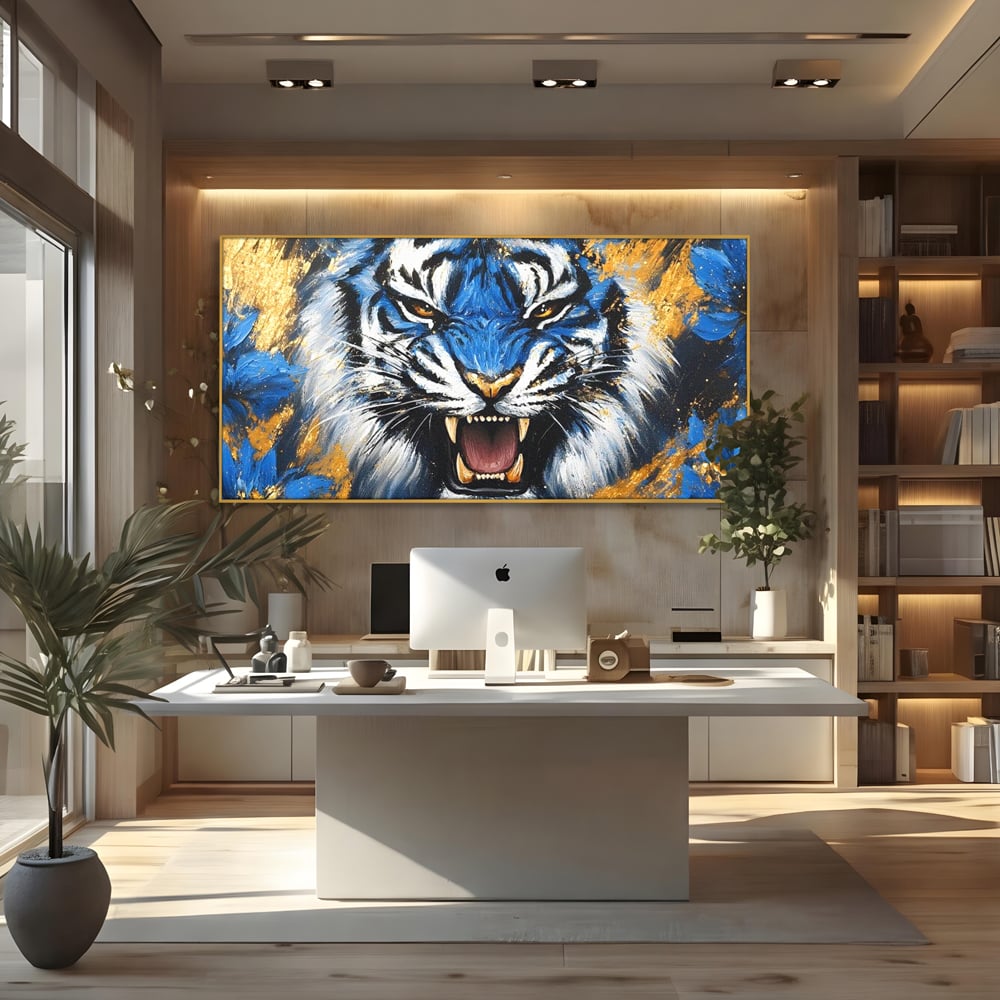 Tablou canvas cu tablou canvas cu tigru albastru si flori, in rama de aluminiu auriu, pe perete intr-un birou